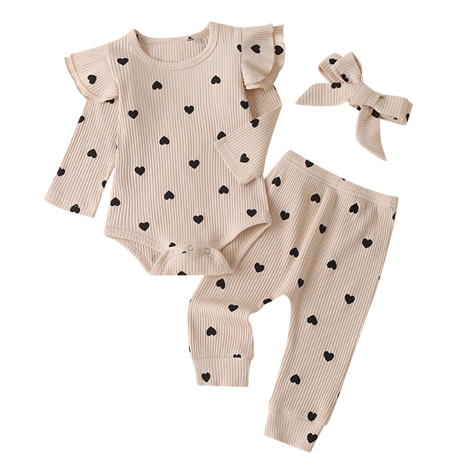 heart Print Jumpsuit Toddler Kids Baby Girls Solid Ruffle Romper+Pants+Bowknot Headbands Outfits Warm roupa infantil menina: Khaki / 12M