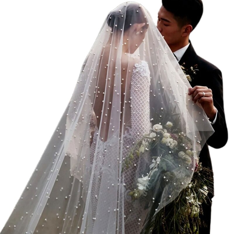 Une couche couverture visage cathédrale mariage voile Vintage Imitation perle perles perles bijoux mariée fête casque cheveux accessoires Phot