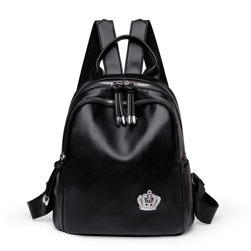 Zacht Leer Crown Decoratie Vrouwen Rugzak Effen Kleur Grote Capaciteit Mode Rugzak Vrouwelijke Casual Reizen Draagbare Bagpack: black