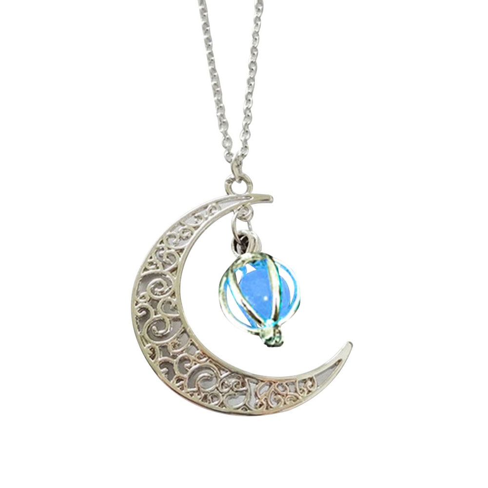 Neue Frau Hohl Mond Vogelkäfig Anhänger leuchtend glühen Kette Halskette Schmuck: Blau
