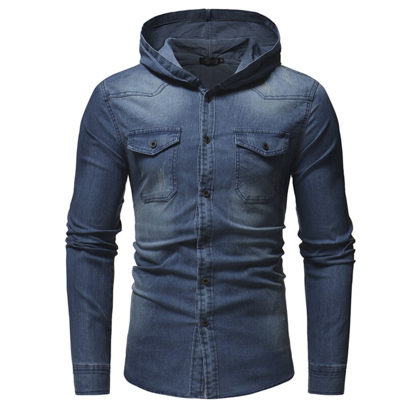 Spring Wash Denim Shirt Men Long Sleeve Hooded Jeans Shirt Men Casual Slim Fit Shirt