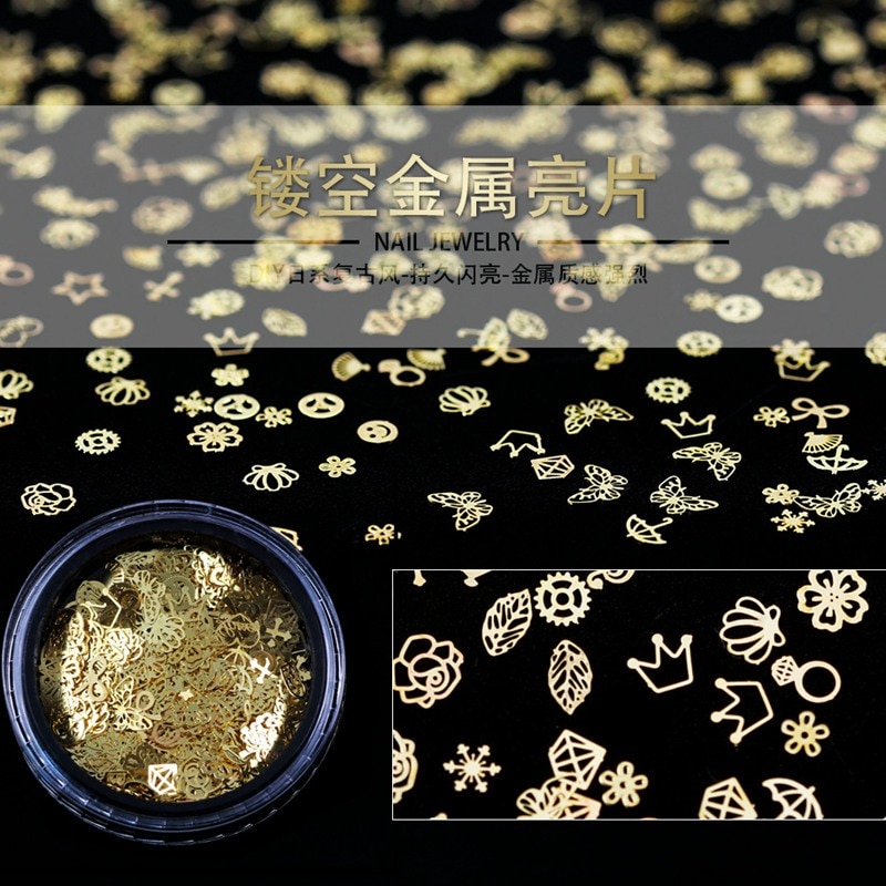 400 pcs/Jar Japan Retro Stijl Multi-Vormige Mix Ontwerpen Hollow Gold Metallic Pailletten Nail Art Paillette Slice decoraties DIY Tips