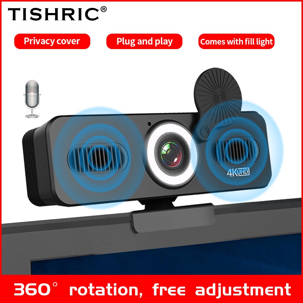 TISHRIC Webcam 4K C360 Full HD 8 megapixel Web Camera with Microphone USB Web Cam PC Computer Camera with Bracket Fill Light