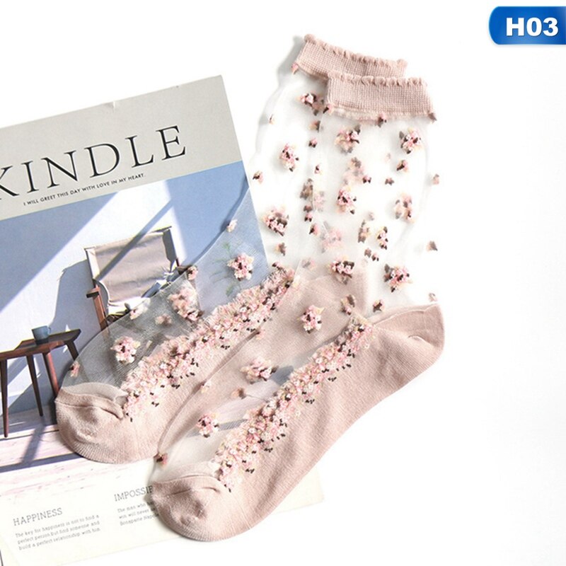 Kvinders sokker åndbare sportssokker gennemsigtig tynde blomsterblonder sokker krystal silke korte ankelstrømper sommer: H03