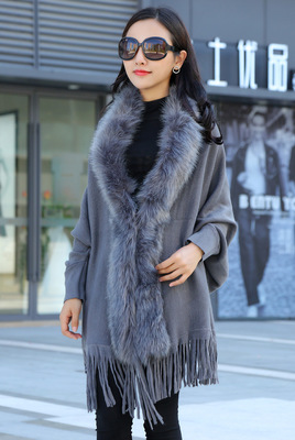 Forår damer faux fur krave cape sjal cardigan grå kvinder kvaststrik cardigan sweater poncho vinter varm frakke: Grå