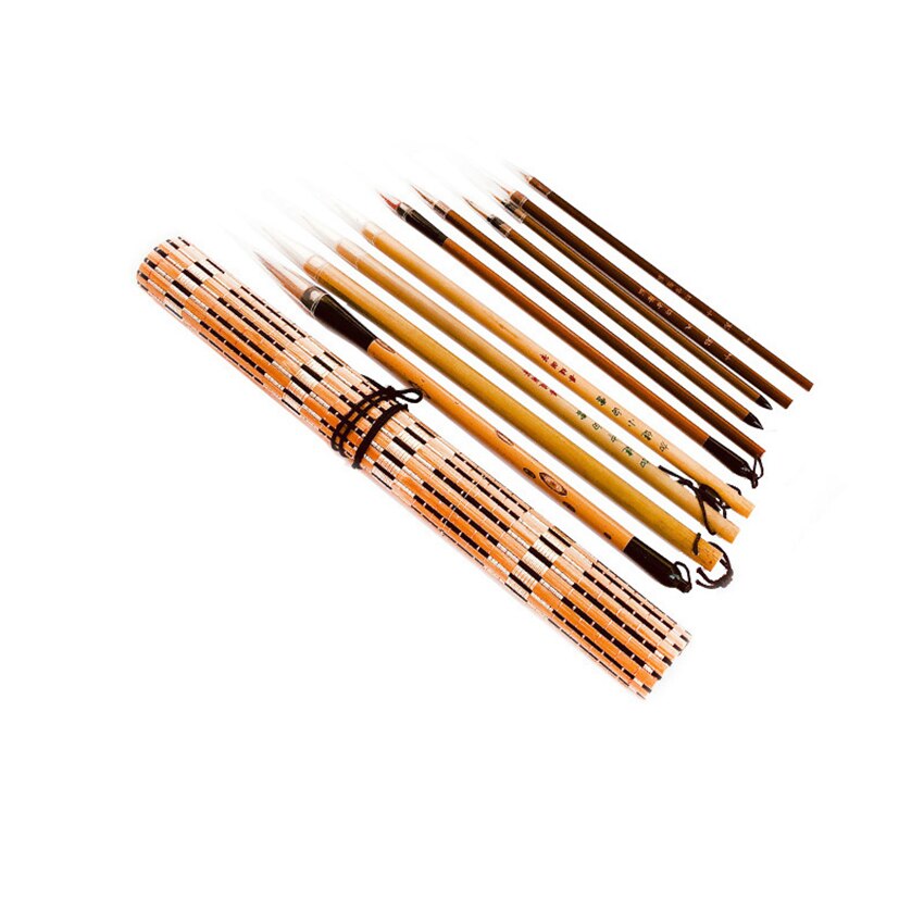 10Pcs Chinese Bamboo Calligraphy Brushes With Pen Curtain Set Writing Brush Tool Calligraphy Ink Art Painting Supplies
