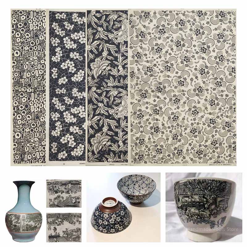 Porzellan Unterglasur Aufkleber Keramik Kunst Schwarz Glasur Blume Drucken Papier Aufkleber Tonne DIY Transfer Keramik Aufkleber Polymer