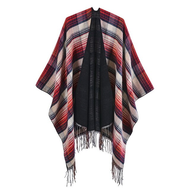 Schotse Klassieke Kleur Herfst Winter Plaid Cape Cape Met Kasjmier Kwastje En Warm Split Vrouwen Sjaal: navy blue red