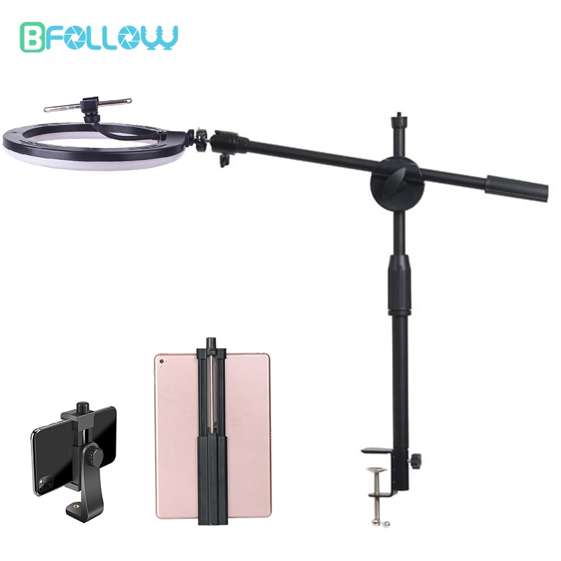BFOLLOW Overhead Shooting Bracket Desk Clamp Mount for Mobile Phone Tablet DSLR Camera 10 inch Ring Light Video Top Down Stand