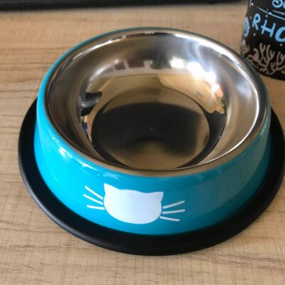 Stainless Steel Dog Bowl Cute Orange Cartoon Print Cats Bowls Food Drink Water Feeder Pets Dog Dish Feeder Tableware: blue