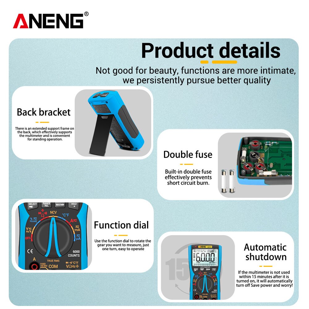 ANENG SZ17 DIY tranzystor kondensator NCV wykrywacz miernik przebiegu multimetr cyfrowy 6000 profesjonalne True RMS AC/DC analogowego testera