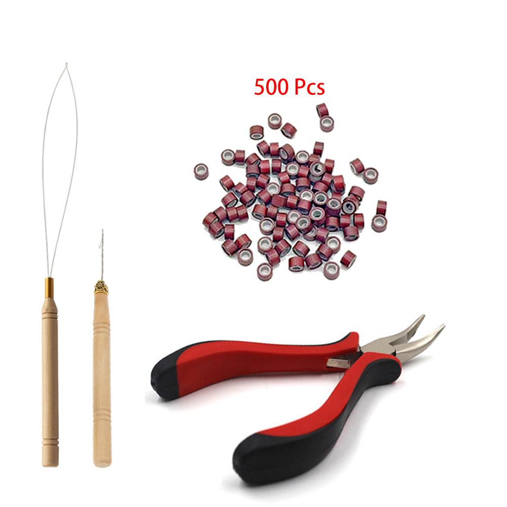 Kit de ferramentas para extensões de cabelo, 500 peças, preto, marrom escuro, marrom claro, dourado, micro anel, contas, 1 micro contas, alicate, 1 gancho, agulha puxando: Azul