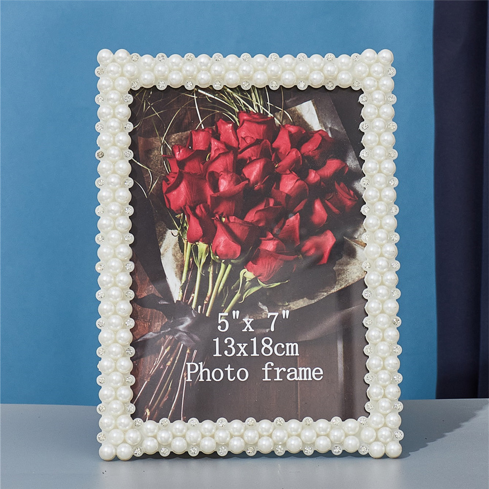 Marco de fotos de diamantes de perlas europeas, marco de fotos de boda rectangular redondo, marco de fotos de plástico impermeable, adorno de decoración del hogar: Borgoña