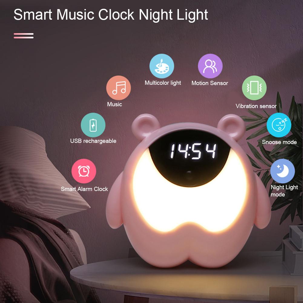 Schattige Beer Nachtkastje Wekker Nachtlampje Rgb Wake Up Lights Motion Sensor Muziek Lamp Voor Kinderen Baby Kinderen slaapkamer Decor
