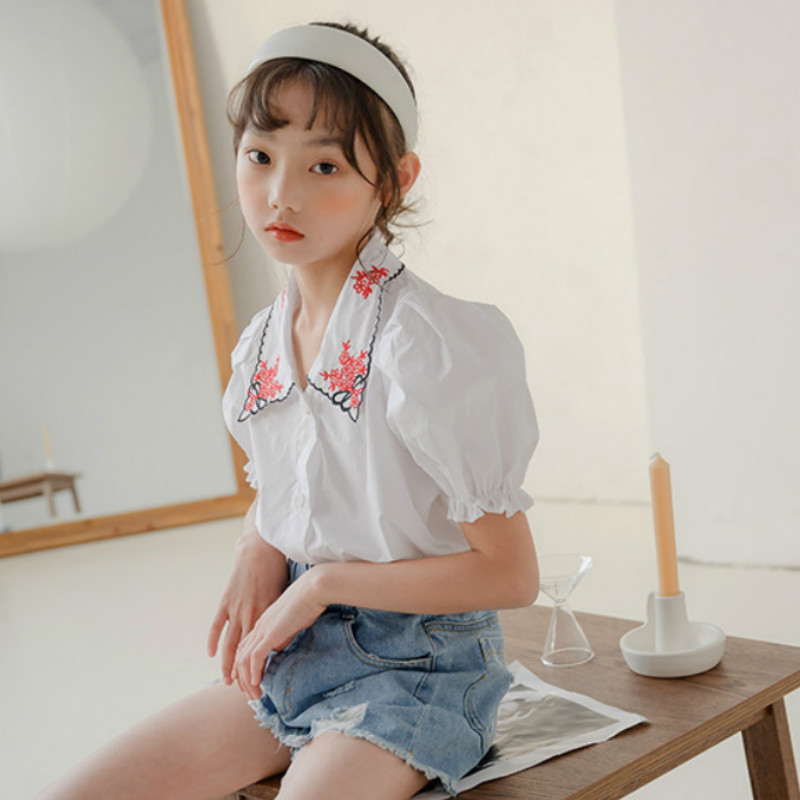 Blusa de algodón con manga abombada para niñas y adolescentes, blusa bordada de ,