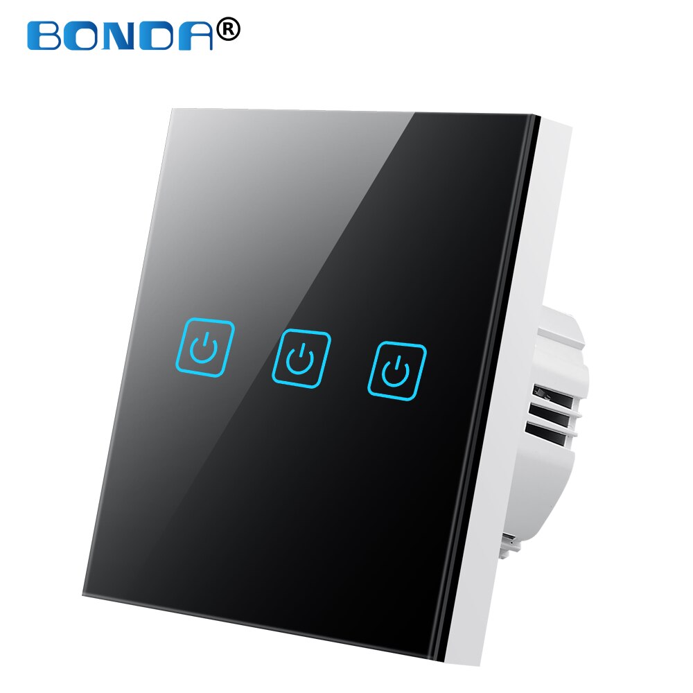 Touch Switch EU Standard AC 110-220V Tempered Crystal Glass Panel Light Sensor Switches Wall Lamp LED Backlight 1/2/3 Gang 1 Way: 601 NO LOGO Black 03