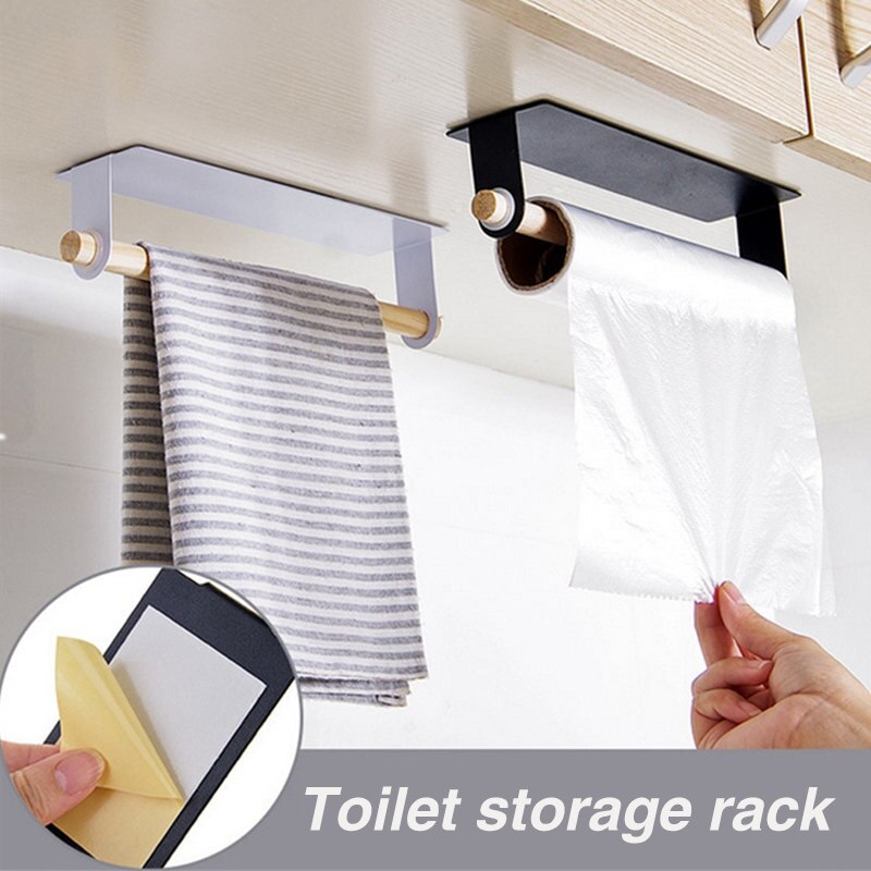 1pc Wall-mounted Storage Box Rag Bracket Plastic Packaging Storage Rack Wood and Metal Kitchen Towel Rack Towel Rack