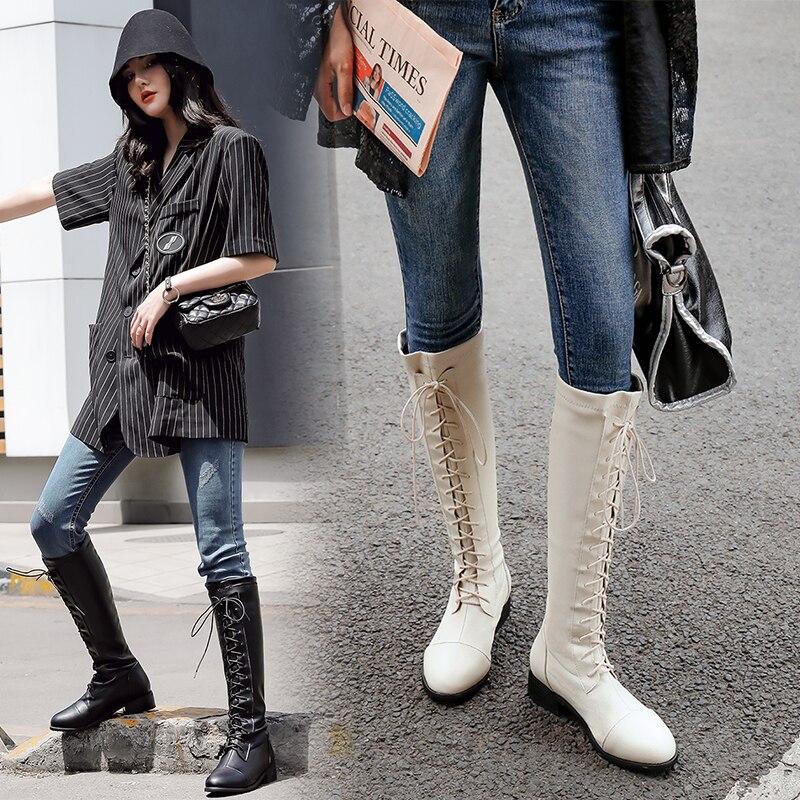 MBR FORCE Spring Autumn Women Shoes Casual High Top Long Boots Lace-Up Comfortable Cool Girl female Boots Sneakers Size 34-43