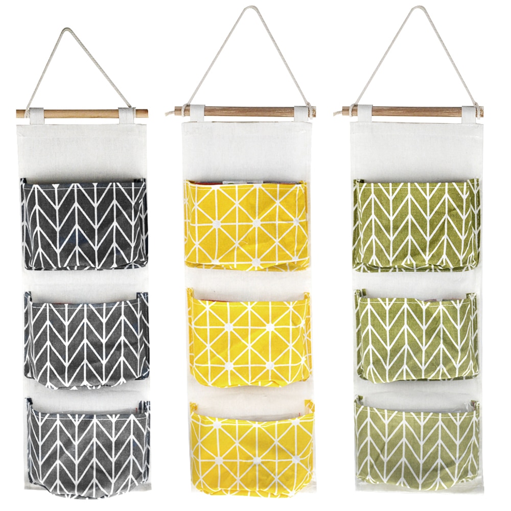 Organizador de pared de lino y algodón con 3 bolsillos, bolsas de almacenamiento, bolsa para la puerta del dormitorio, bolsillo de almacenamiento para el hogar, bolsa colgante de decoración