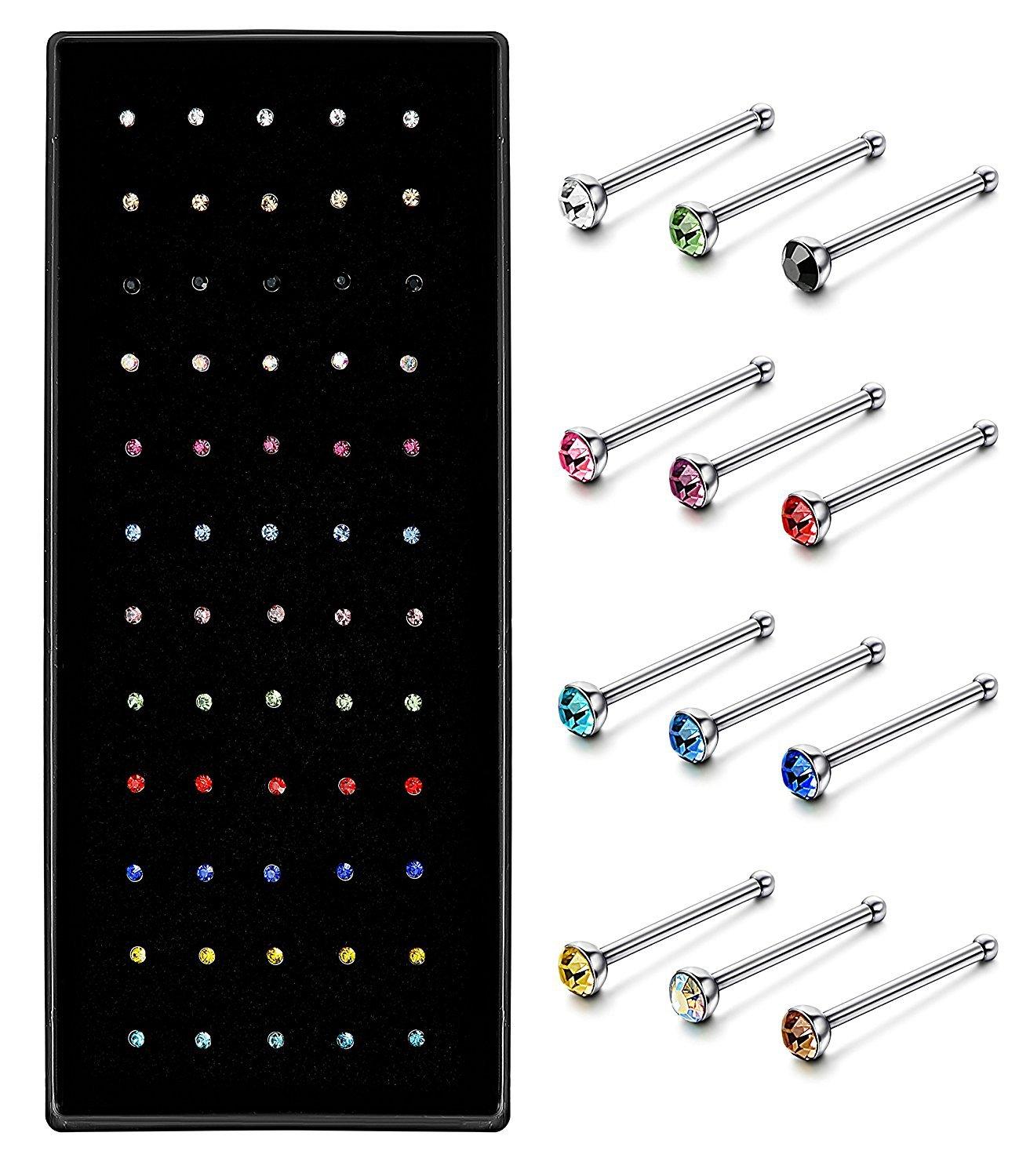 Pack de clous de nez en acier inoxydable, 40/60 pièces, cerceau de perçage de nez en cristal en vrac, ensemble d'anneaux de nez en forme de L, Piercing courbé, bijoux pour le corps: Black / Couleur or
