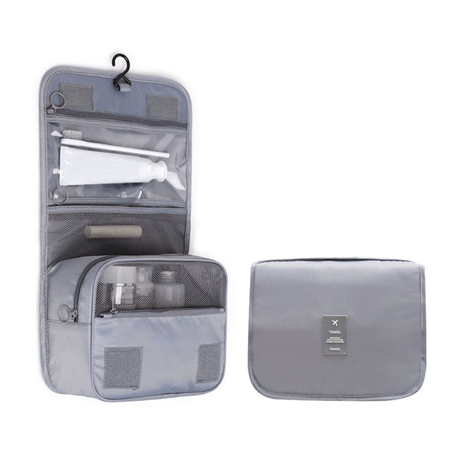 Nueva bolsa de maquillaje de viaje para niña, organizador de artículos de tocador impermeable, Neceser de para mujer, bolsa de lavado con gancho para baño, bolsa de almacenamiento con gancho: Gris