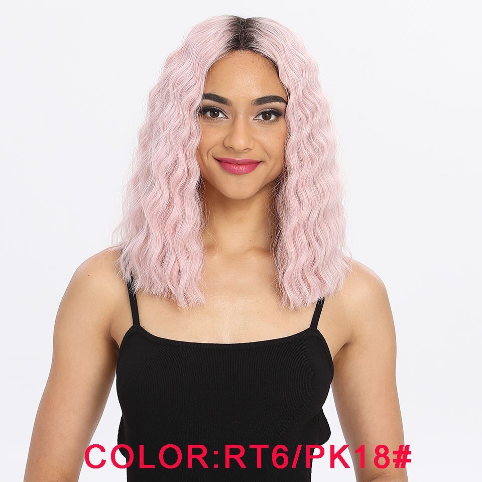 Pelucas sintéticas mágicas de 14 "con flequillo rosa y rojo, resistentes al calor, ondas al agua, para mujeres negras, encaje de estilo africano y americano