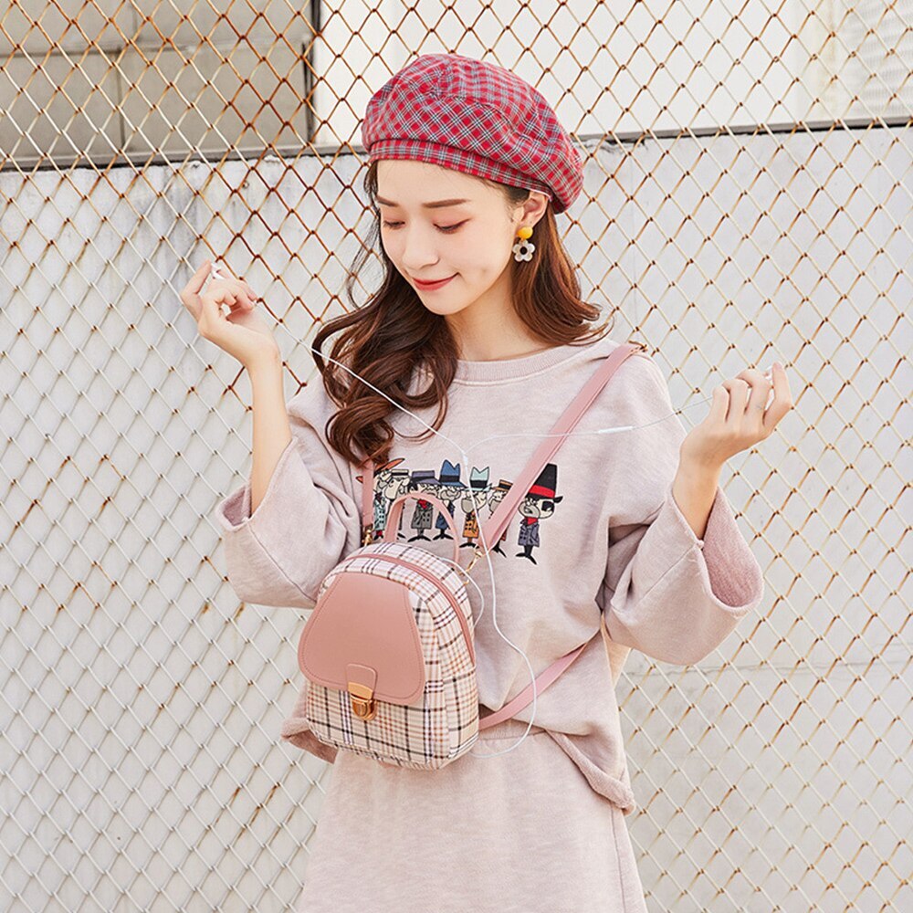 Women Mini Backpack Crossbody Bag For Teenager Girls Plaid Shoulder Phone Purse Korean Style Trendy Female Bagpack