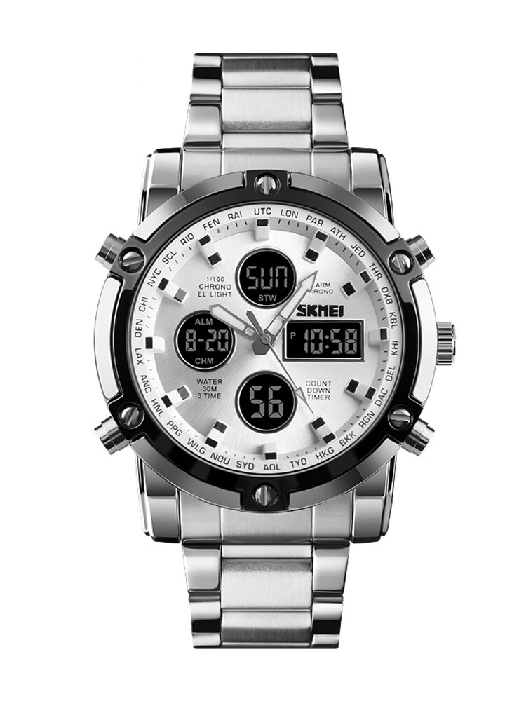 Skmei 3-malige Hintergrund beleuchtung Digitaluhren Herren Vollstahlband-Quarz-Armbanduhr Countdown-Uhr relogio maskulino: Kaffee
