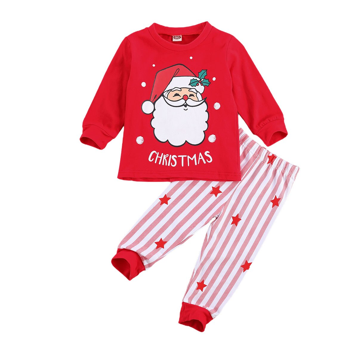 2 Pcs Kinderen Katoen Kerst Pyjama Set Claus Elanden Print Ronde Hals Lange Mouw Toevallige Trui Streep Ster Losse broek: Rood / 5T