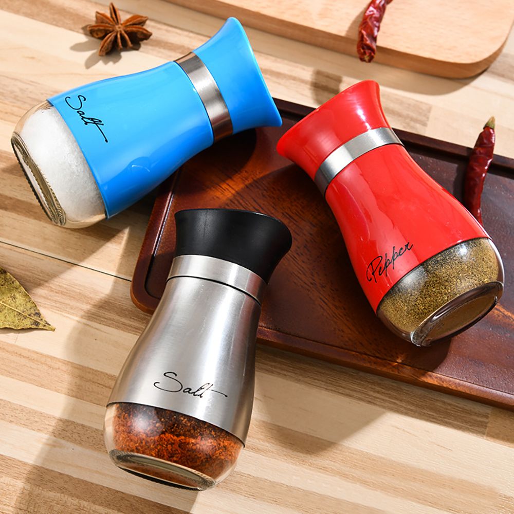MOONBIFFY Cute Salt and Pepper Stainless Steel Glass Bottom Spice Dispenser Sea Salt Sugar Refillable Pepper Seasoning Cans