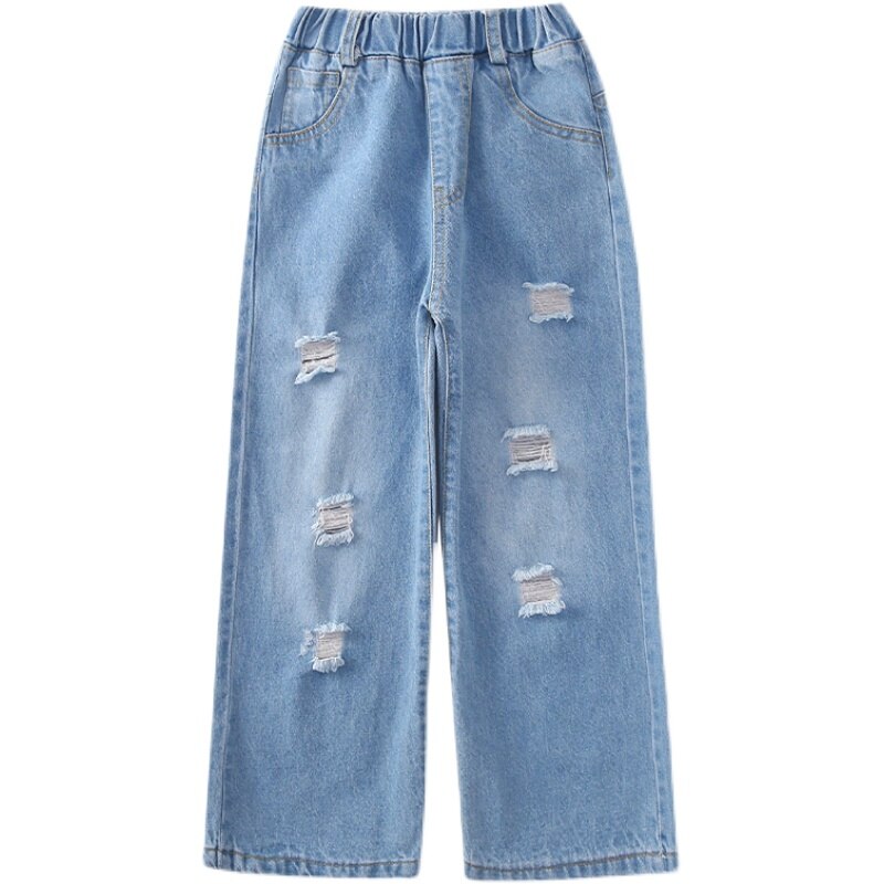 Jeans For Girls Spring Autumn Children Hold Broken Jean Pants Loose Casual Style Kids Denim Bottom Trousers Girls Clothing 4-14Y
