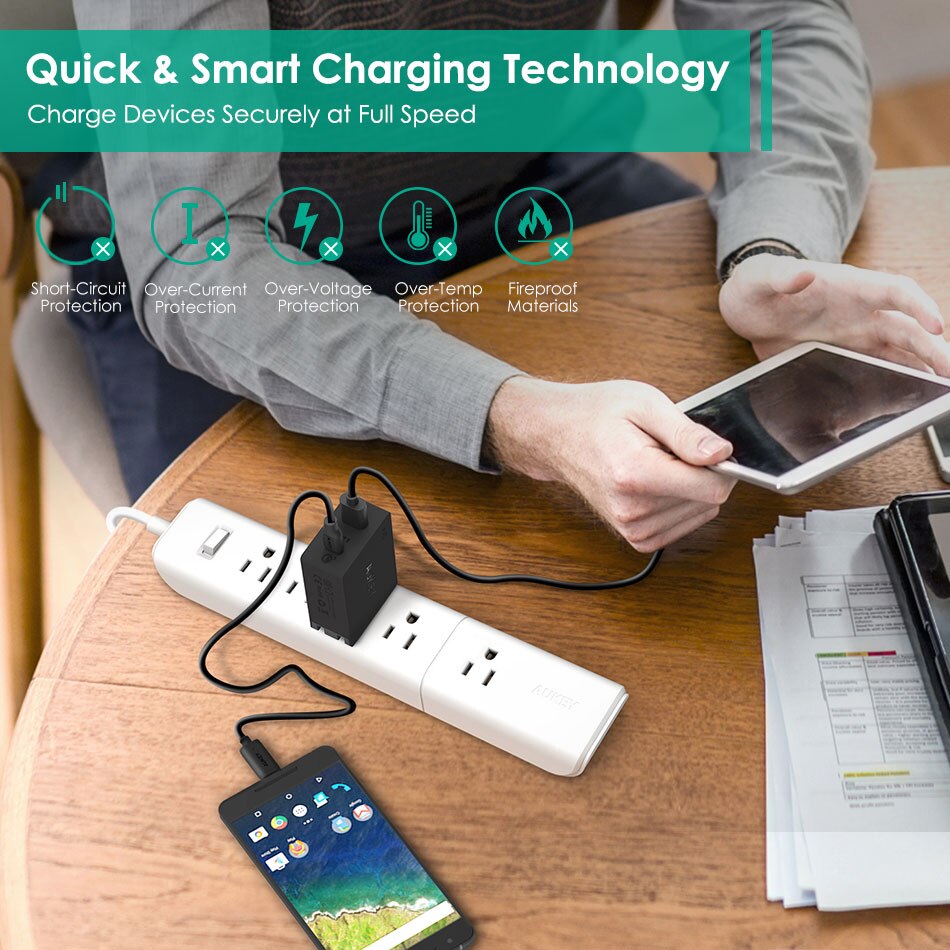 Enchufe europeo Original Aukey, carga rápida, PA-Y2 Amp tipo C con carga rápida 3,0, USB Dual Fsat carga