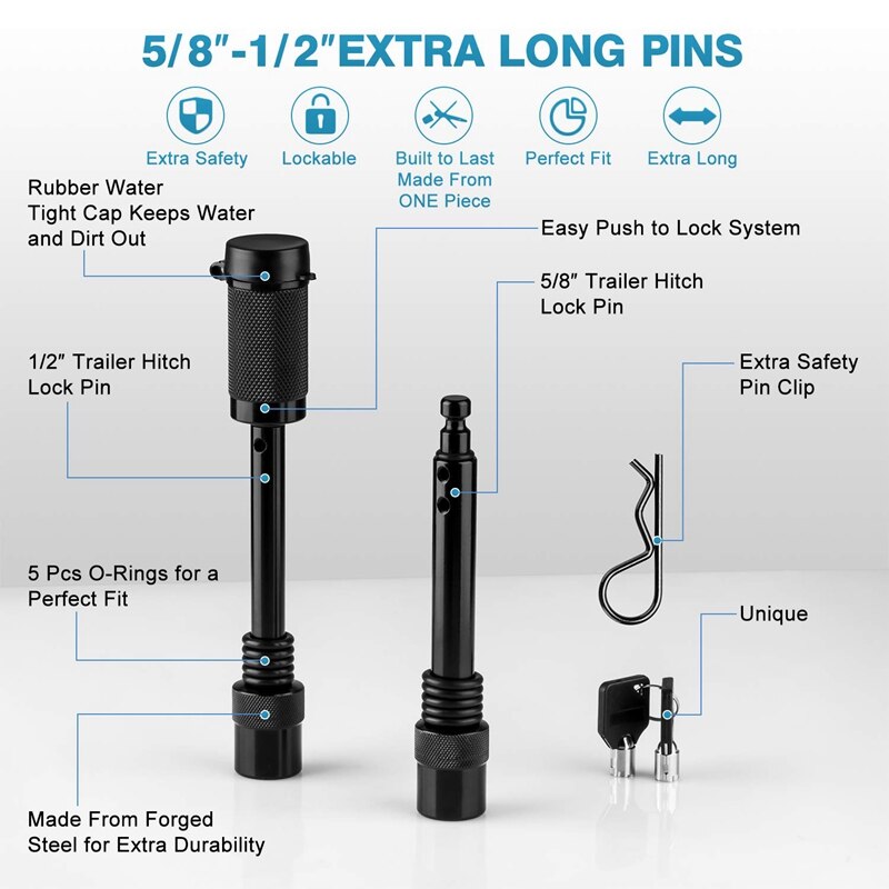 Heavy Duty Trailer Hitch Pin Lock 1/2 Inch and 5/8 Inch Receiver Hitch Pin Lock Set Anti-Rattle for Class I,II,III,IV,V Hitches
