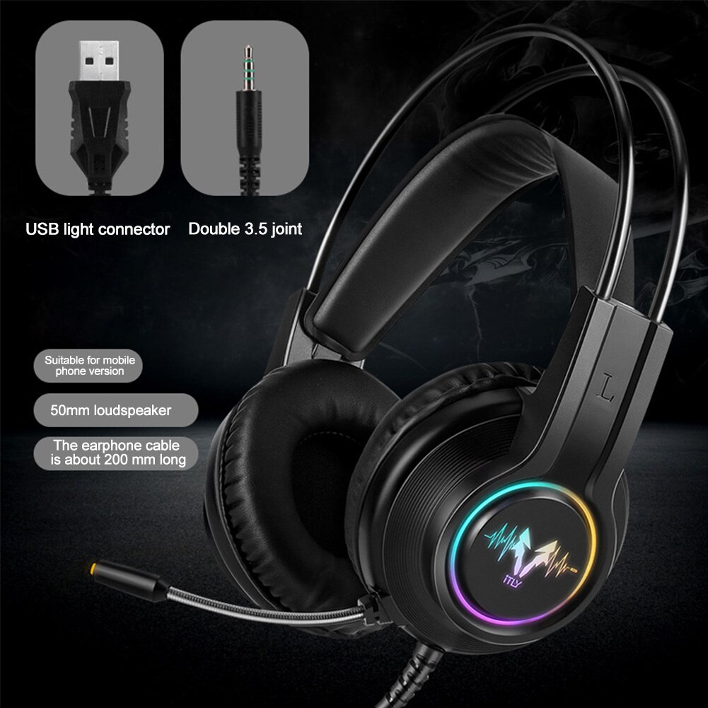 Surround Sound Ergonomic LED RGB Light For Laptop ABS Stereo Noise Canceling Gaming Headset Wired USB Interface Universal: Black 3.5mm Usb