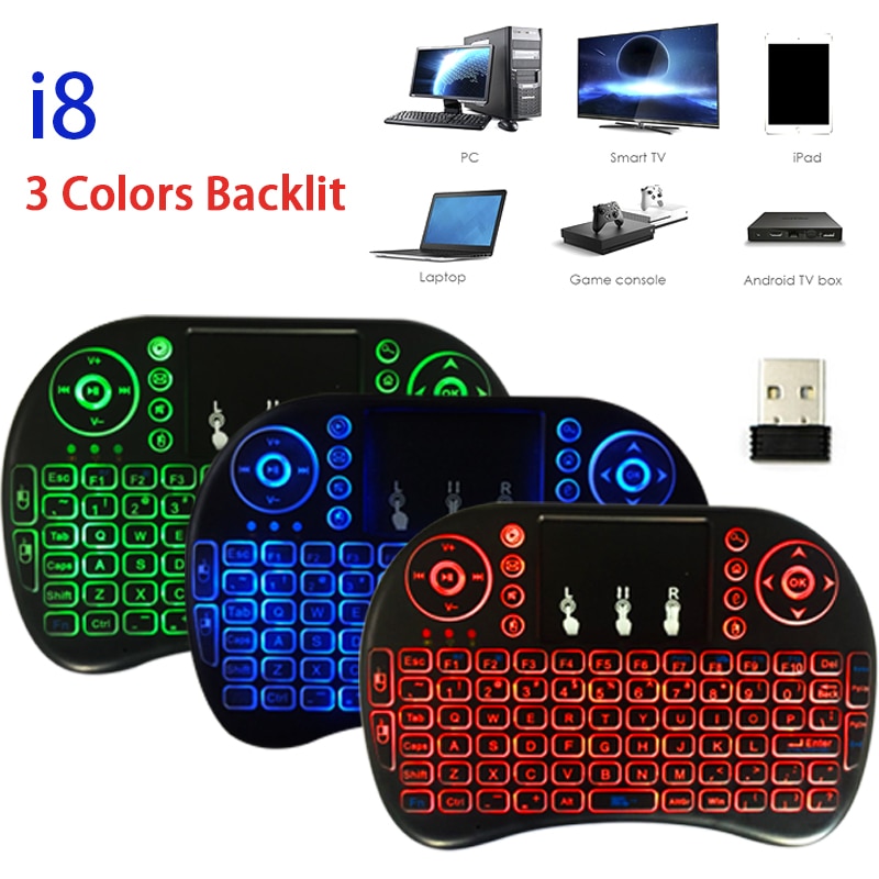 i8 Mini Wireless Keyboard 3 Colors Backlit 2.4ghz English Russian 3 Colour Air Mouse with Touchpad Remote Control Android TV Box