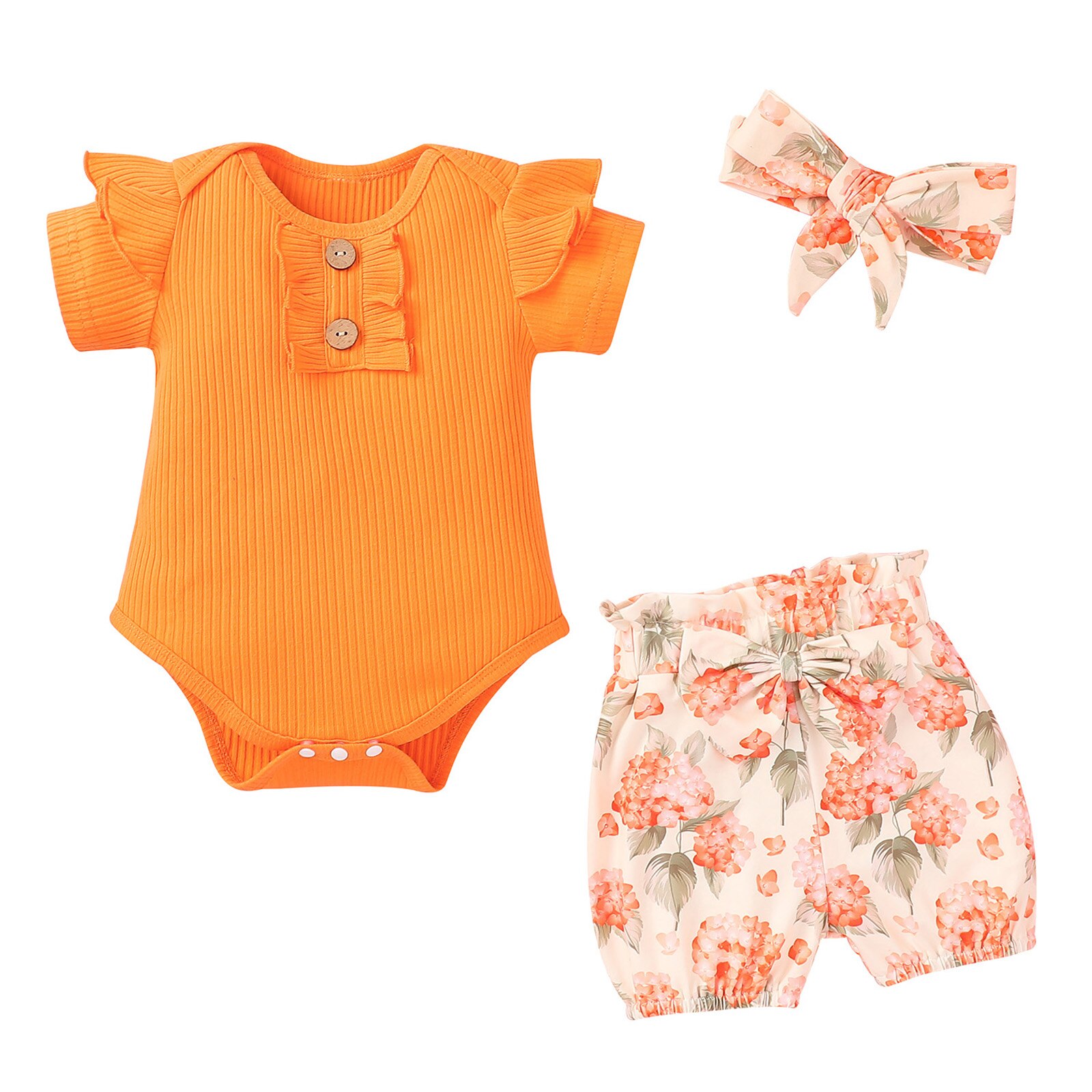 Vêtements d'été à la pour bébés filles, barboteuse à manches courtes à volants + Short imprimé floral + ornement de cheveux à nœud, 3 pièces: Orange / 18M