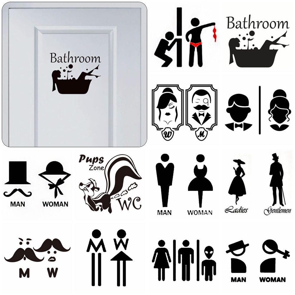 Cartel a prueba de agua para puerta de baño, calcomanías creativas de divertido, calcomanías artísticas de Mr. & m., letrero de WC público