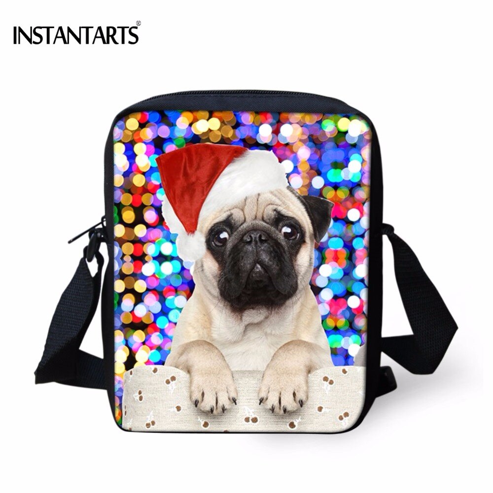Instantarts engraçado 3d chapéu vermelho pet pug cão impresso crossbody saco para meninas meninos chirstmas presente mini bolsas de viagem sacos do mensageiro