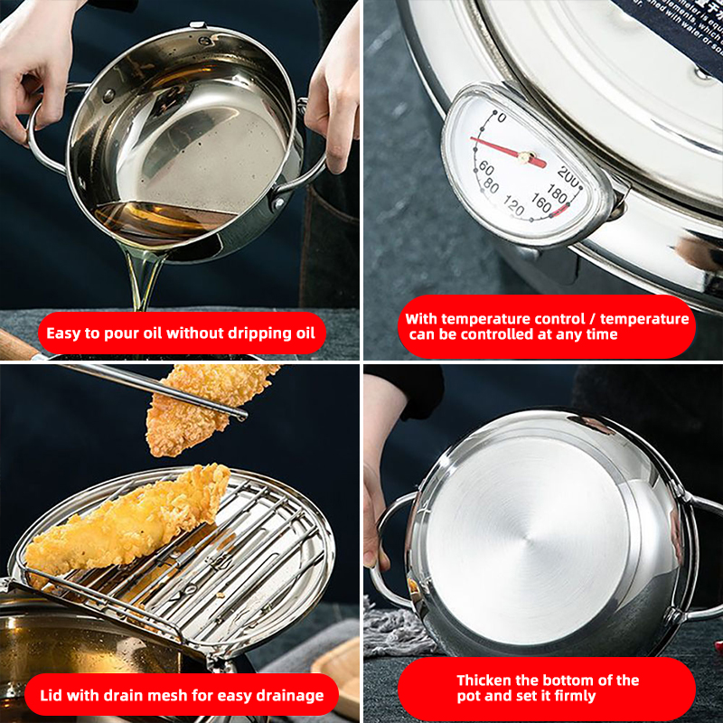 Japanse frituurpan met een thermometer en een deksel Frituurpan 304 roestvrijstalen keuken Tempura olie koekenpan Friteuse