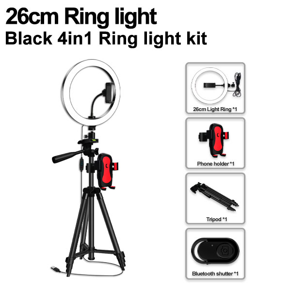 Selfie Ring Lamp LED Ring Light Selfie For Ring Phone Photography Lighting Camera Tripod Kit Photo Equipment Black And Silver: 26cm black 4 in 1