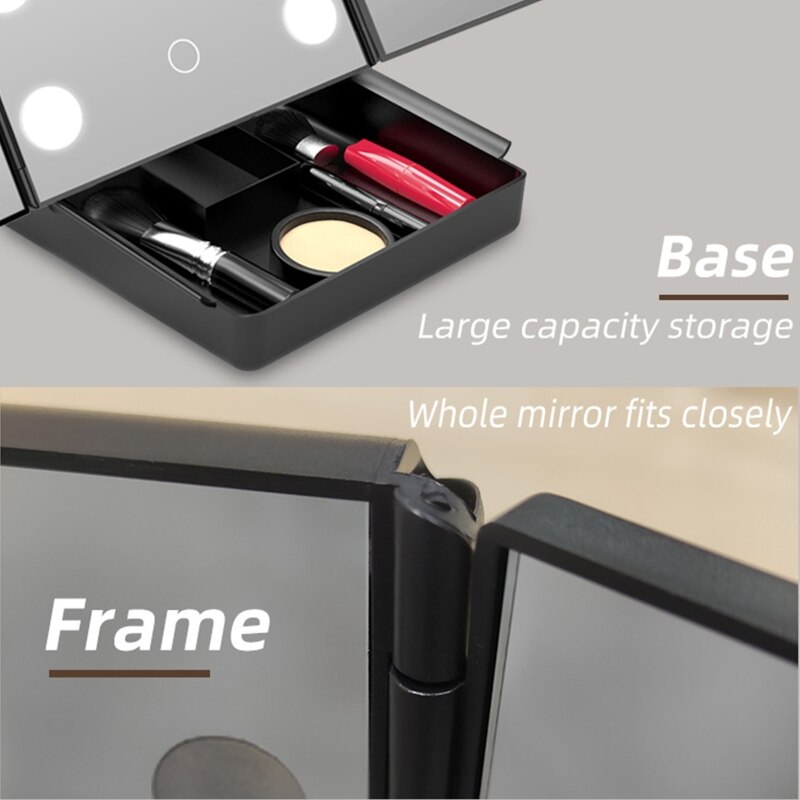 Trifold Led Makeup Mirror with Storage Box Vanity Lighted Mirrors 180 Degree Rotatable for Home Bedroom Bathroom Travel