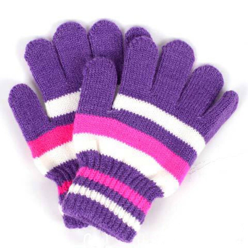 Guantes de invierno a rayas para niños, guantes para bebés, guantes para niñas, guantes cálidos de algodón para invierno, guantes para dedos completos de punto: Purple Gloves