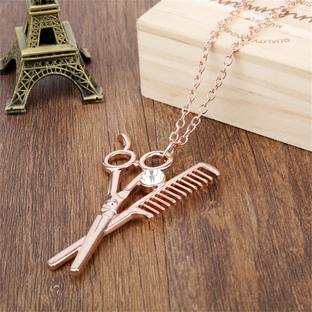 Beautician Hairdresser Necklace Scissors Comb Hairdresser Stylist Pendant Necklace for Women Men Pendant Jewelry