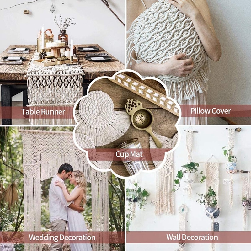 Natural Macrame Cord 3mm Cotton Cord with 8Pcs Wood Ring and 2 Wooden Stick For DIY Craft Plant Hangers Knitting