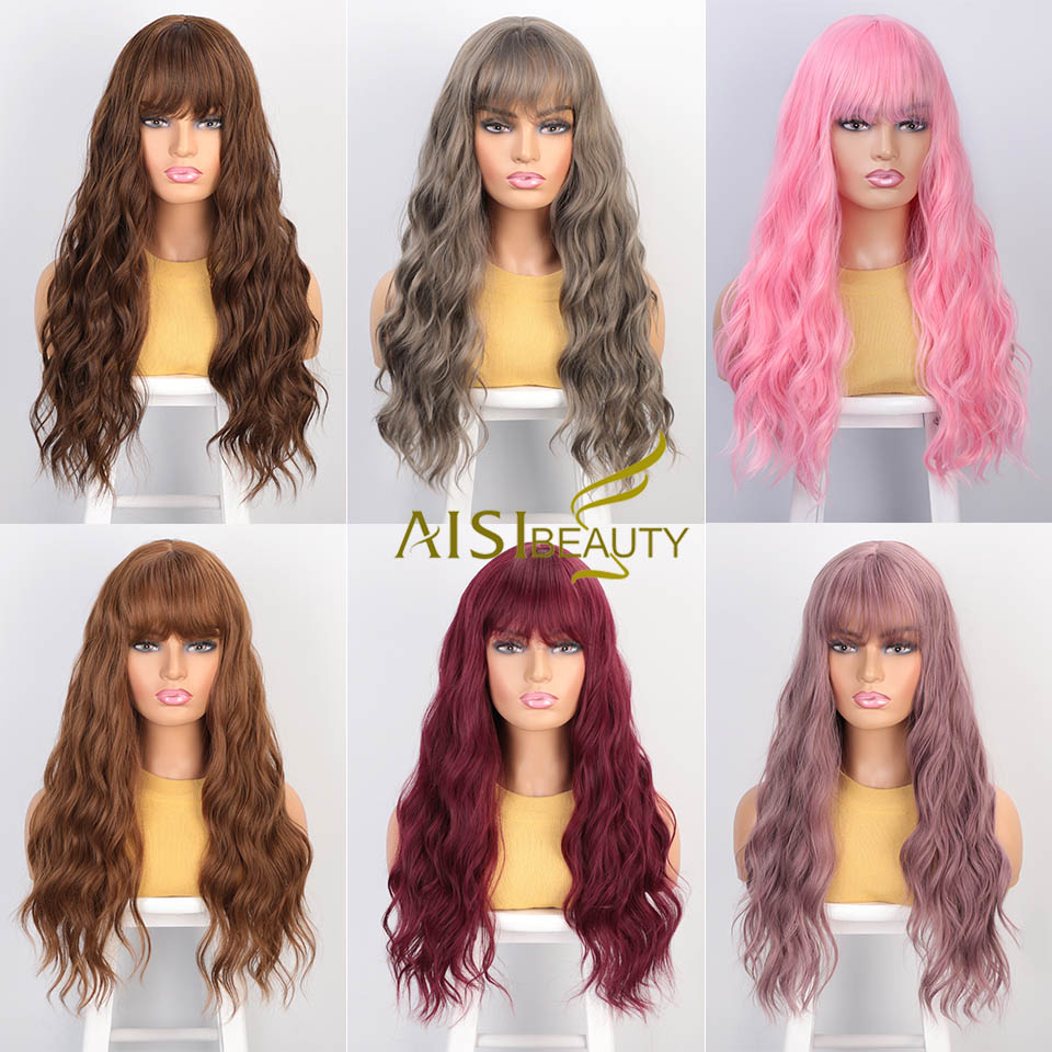 AISI Beauty Long Water Wave Synthetic Wigs with Bangs Mix Brown Wig for Women Pink Red Black Heat Resistant Hair