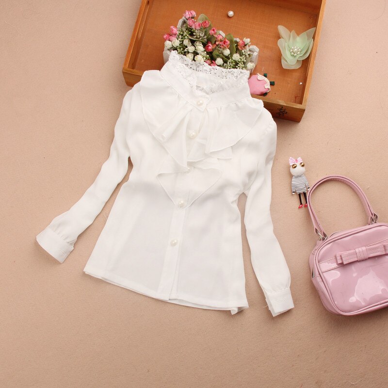 nueva ropa de primavera otoño para niños algodón cuello alto camisa de manga larga blanca encaje decoración blusas para niñas AA1589
