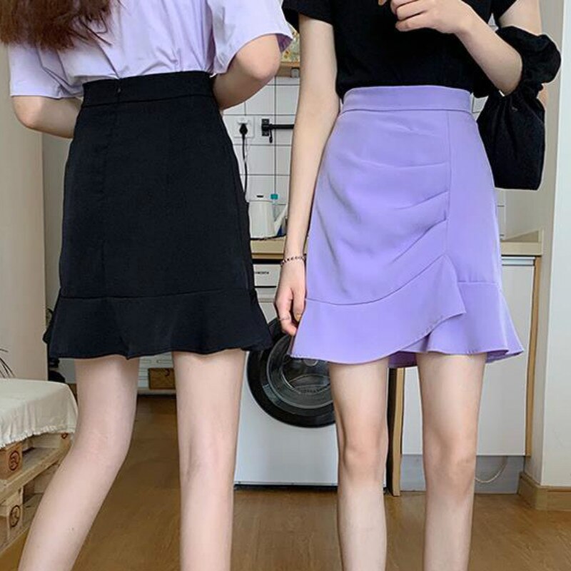 Jupe trompette à volants irréguliers pour femme, tenue de bureau, couleur unie, violet, noir, Style coréen, tendance, classique, portefeuille, moulante