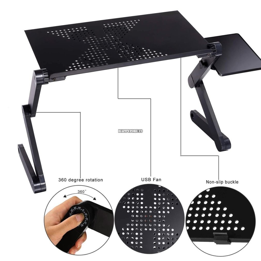 Adjustable Aluminum Laptop Desk Table Ergonomic TV Bed Lapdesk Tray PC Notebook Table Desk Stand With Cooling Fan Mouse Pad