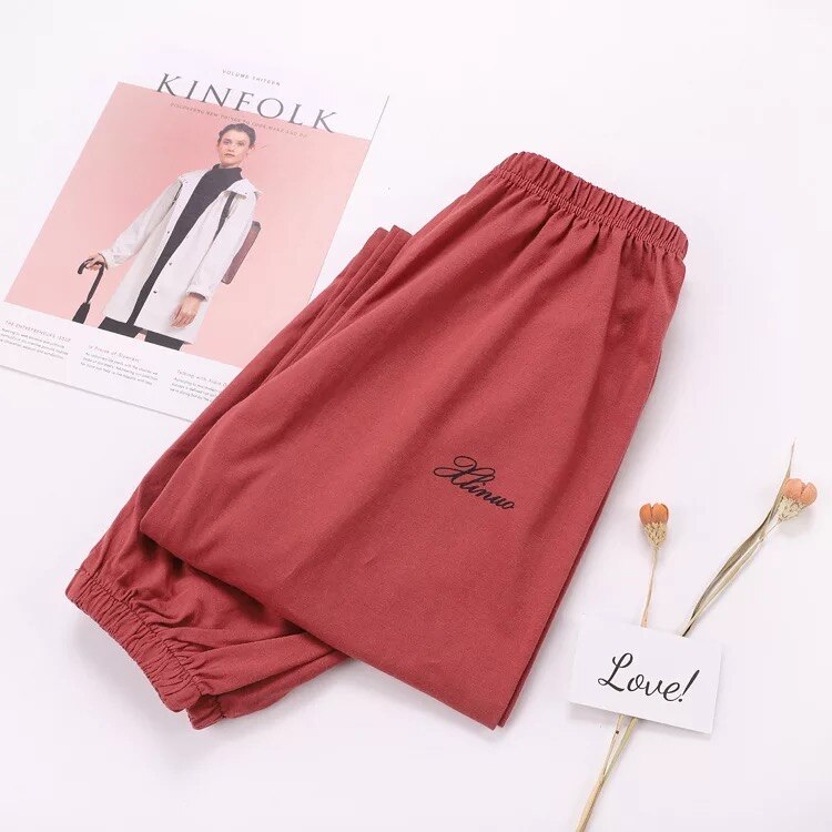Tunna lösa plus size pyjamasbyxor 100%  bomull dam sovunderdel stickad bomull sommarbyxor dambyxor: Mijiang röd / M