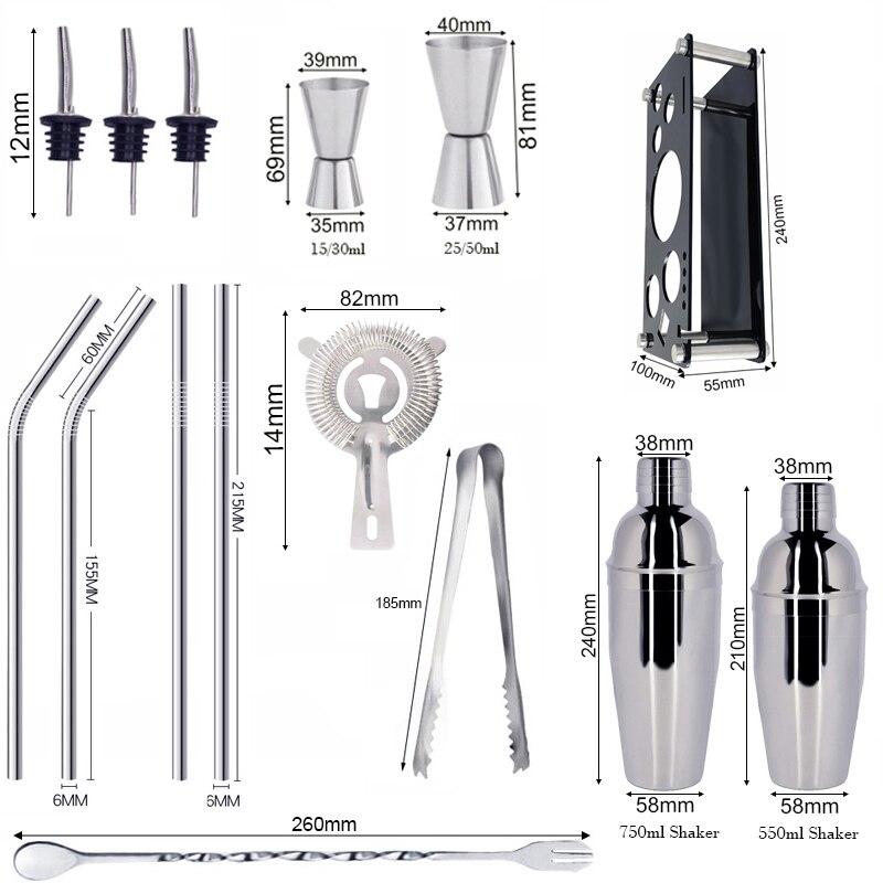 Set de coctelera Boston Snow para barman, utensilios de acero inoxidable para Bar con soporte de vino, receta de cóctel, 1-15 Uds./Se